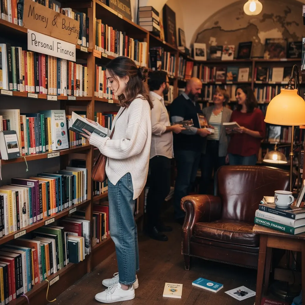 Kávézóban ülő fiatal nő, aki a személyes pénzügyeiről olvasott könyvet tanulmányoz.