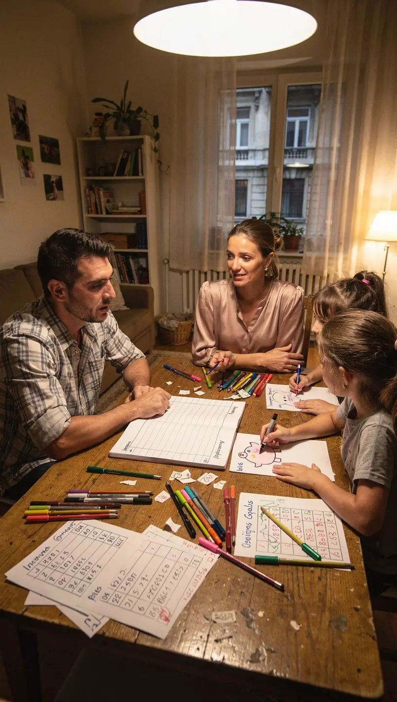 Családi költségvetés tervezése papíron, színes grafikonokkal.